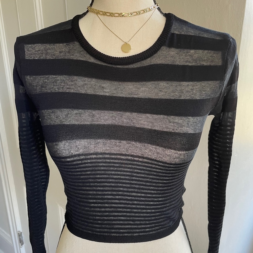 Zara Black & Gray Sheer Striped Long Sleeve Crop Top